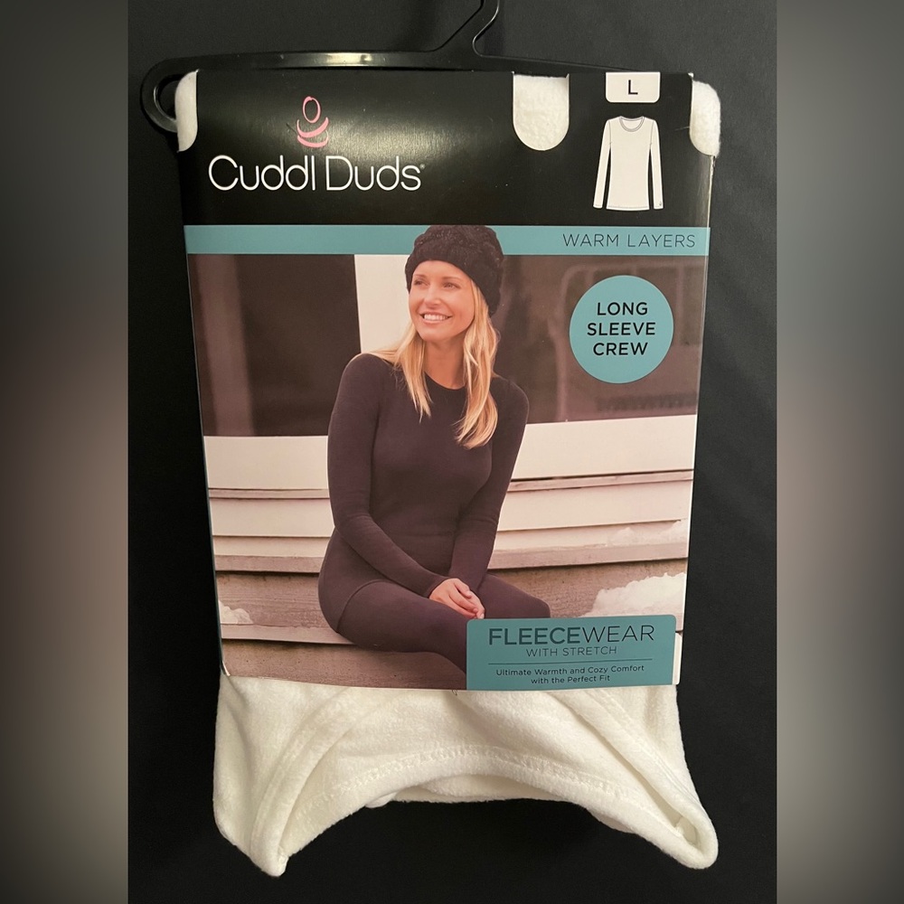 Cuddl Duds OFF-WHITE Long Sleeve Crew Fleecewear with STRETCH Size L